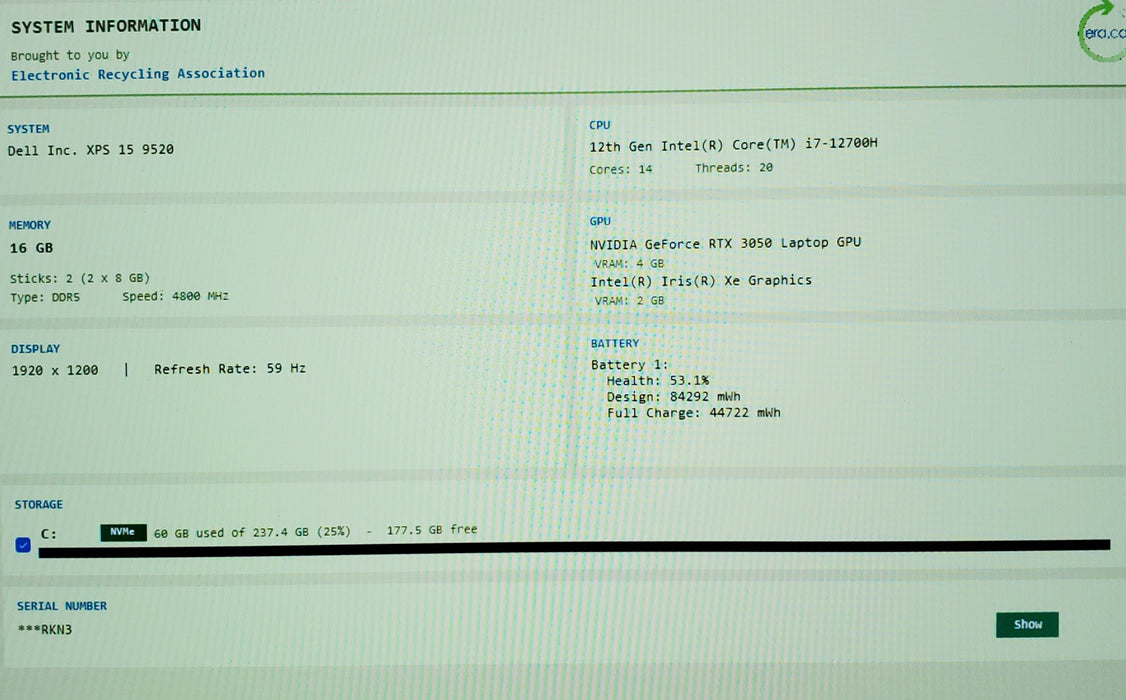 Dell XPS 15 9520 i7-12700H 16GB DDR5 RTX 3050 256GB NVMe No AC READ