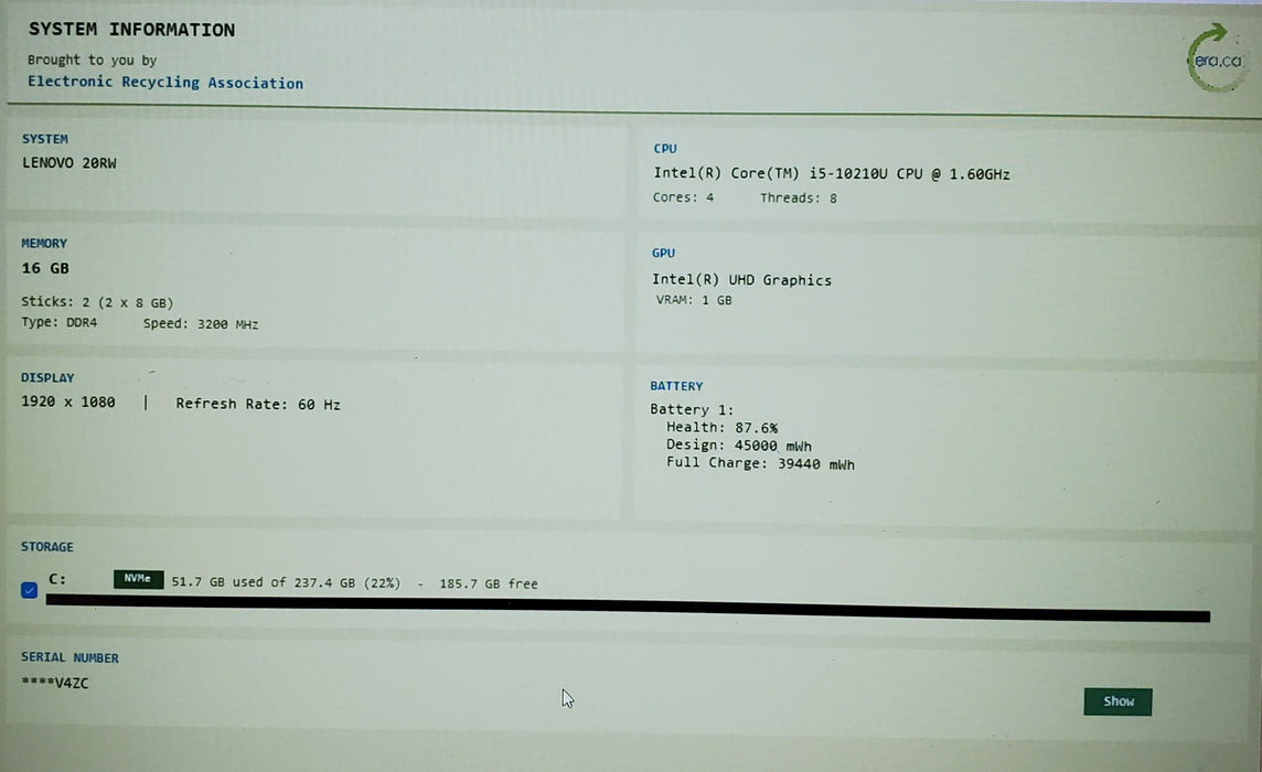 Lenovo ThinkBook 15-IML Intel core i5-10210U 1.60GHz 16GB RAM 256GB SSD