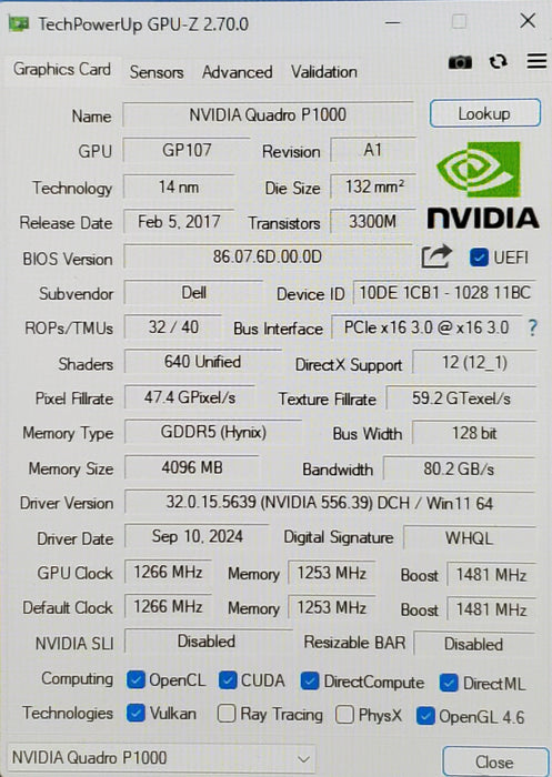 Nvidia Quadro P1000 4GB GDDR5 Graphics Card | 4x Mini DP