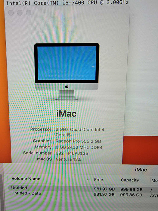 Apple iMac A1418 2017 Retina 21.5\\" Core i5-7400 @3GHz 8GB RAM 1TB SSD Ventura