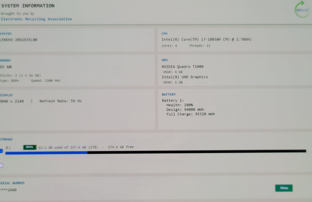 Lenovo ThinkPad P15 15" i7-10850H 32GB DDR4 Quadro T1000 256GB NVMe READ