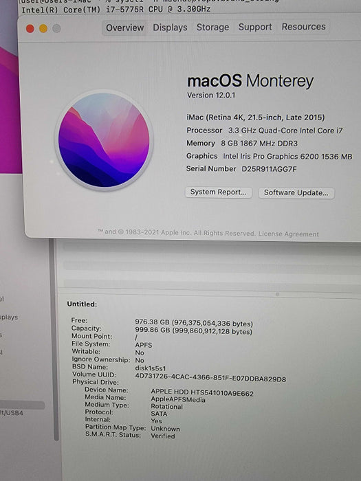 iMac Retina 4K 2015 A1418 21.5\\" Core i7-5775 @3.3GHz 8GB RAM 1TB SSD Monterey