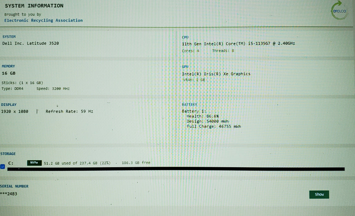 Dell Latitude 3520 i5-1135G7 16GB DDR4 256GB NVMe