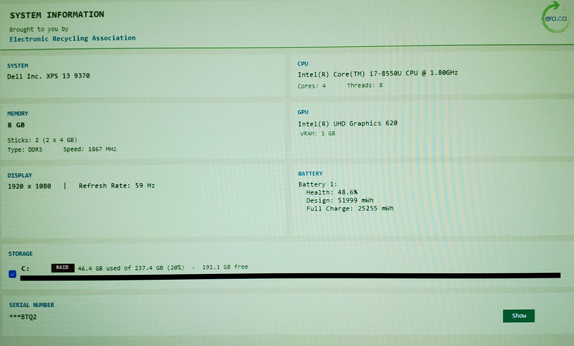 Dell XPS 13 9370 Core i7-8550U@1.8GHz 8GB RAM 256GB SSD READ
