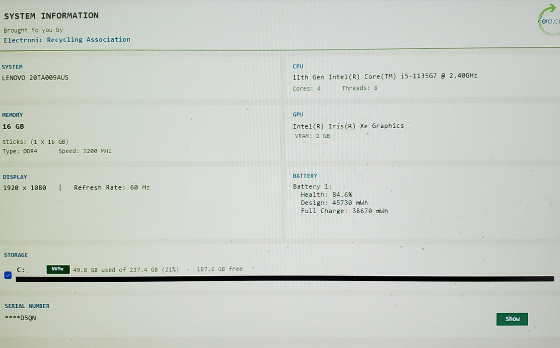 Lenovo ThinkPad E14 Gen 2 i5-1135G7 16GB DDR4 256GB NVMe