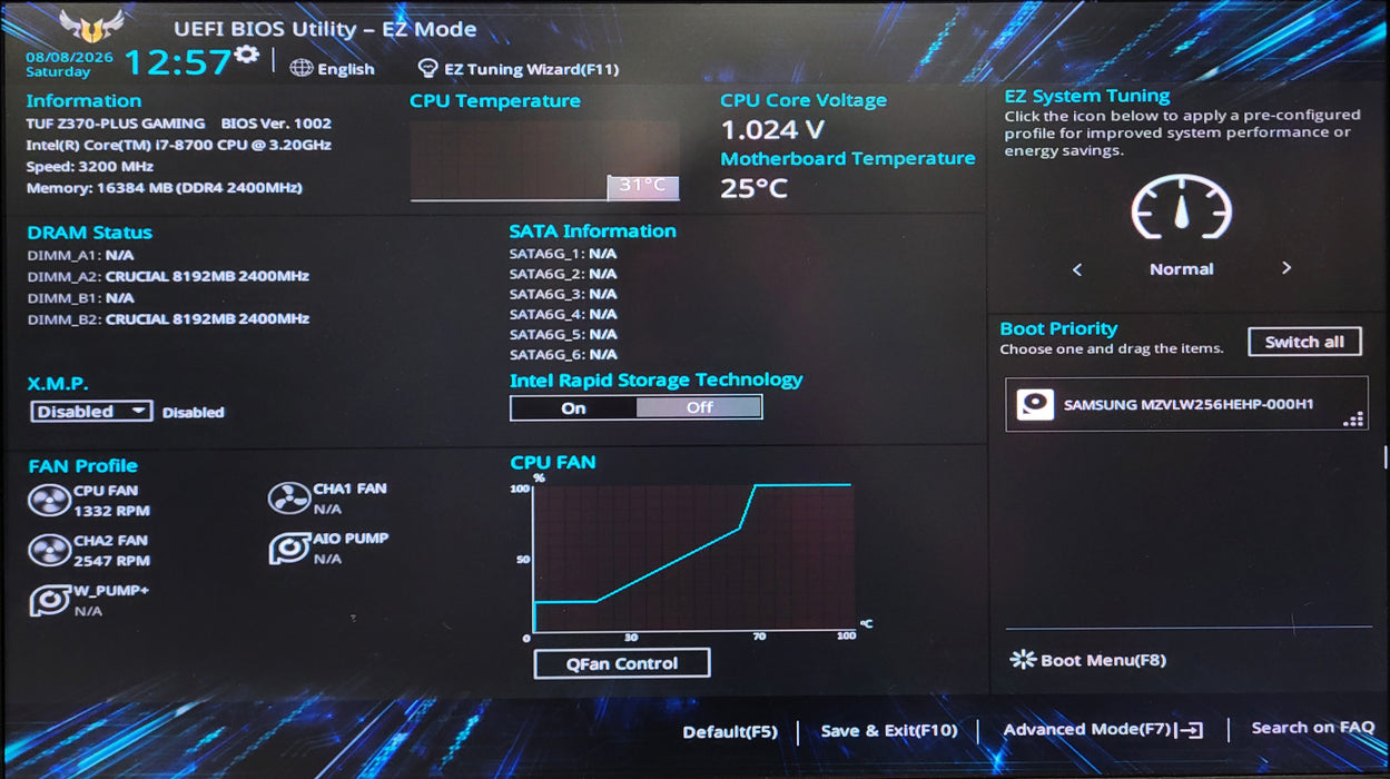 Custom PC, Asus TUF Z370-Plus Gaming, i7-8700, 16GB DDR4, 256GB NVMe, WX2100