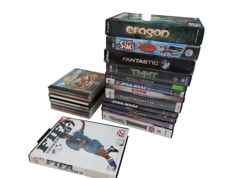 Bundle of 18 Random PC Games Variety & 1 Sega Genesis Game Fifa 97 =