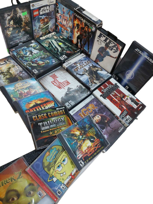 Bundle of 18 Random PC Games Variety & 1 Sega Genesis Game Fifa 97 =