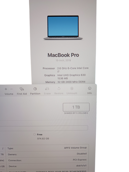 Apple Macbook A1990 15.4" 2019 Intel i7-9750H @2.6Ghz 32GB DDR4 RAM 1TB SSD READ