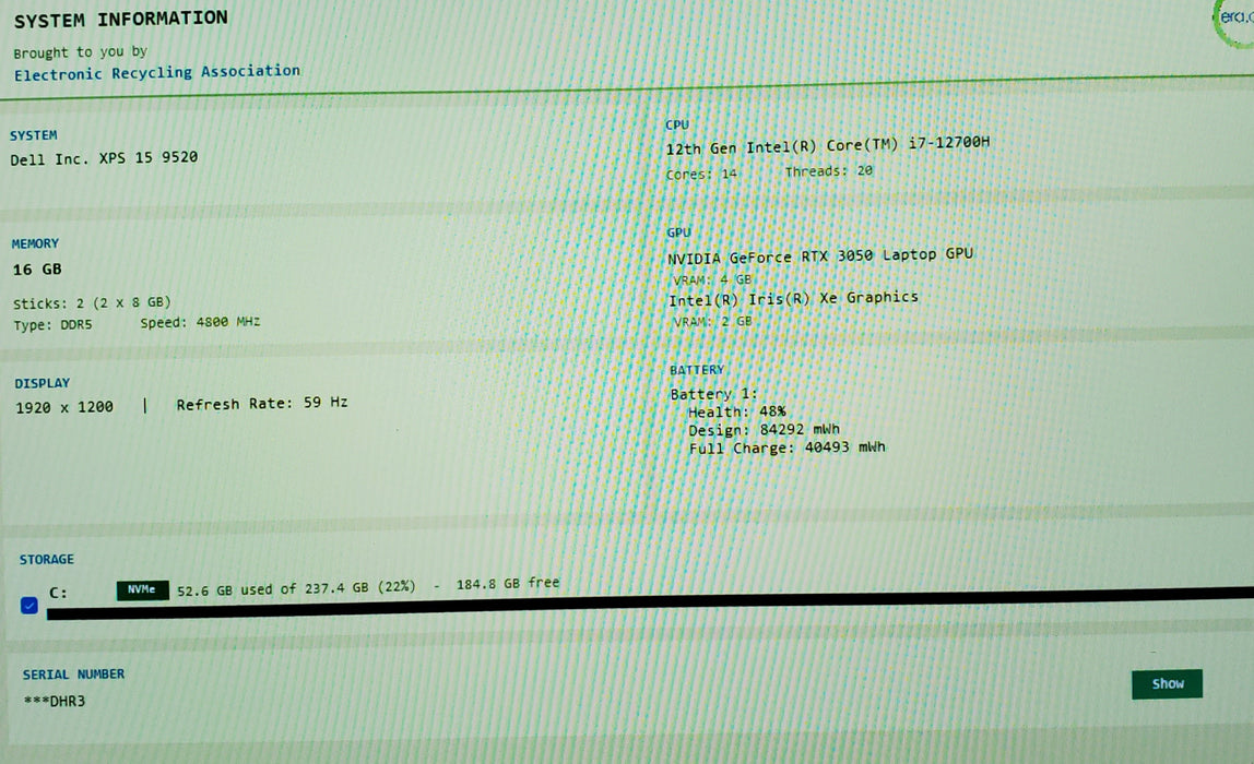 Dell XPS 15 9520 i7-12700H 16GB DDR5 RTX 3050 256GB NVMe No AC