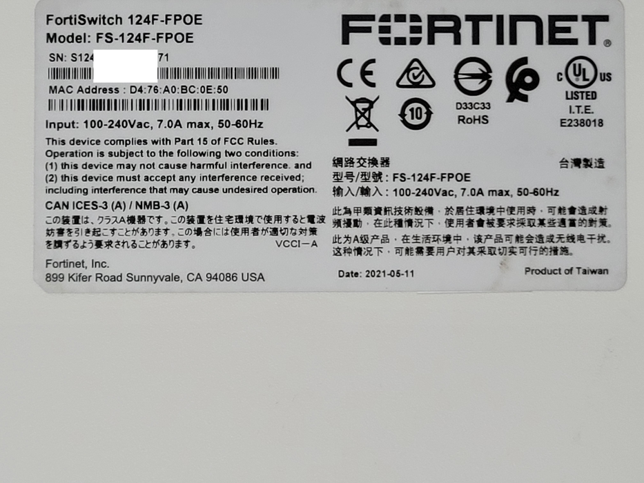 Fortinet FS-124F-FPOE 24-Port Gigabit Ethernet FortiSwitch, READ