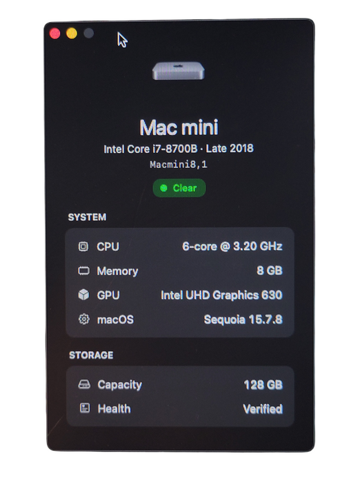 Apple Mac Mini 8,1 Late 2018 - Intel Core i7-8700B  8GB RAM 128GB SSD