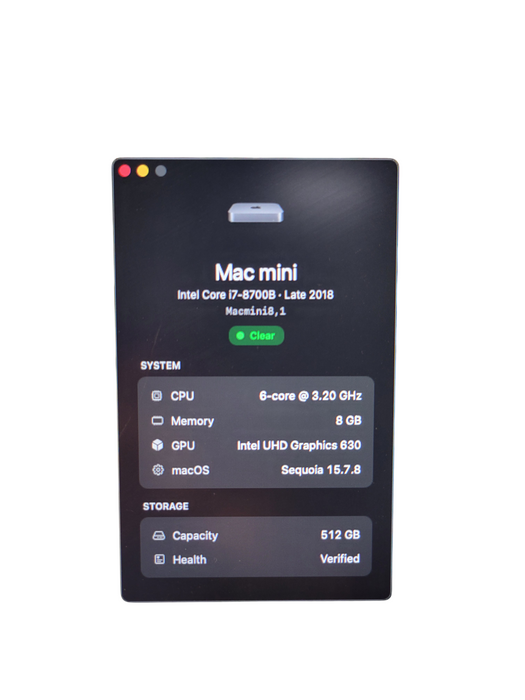 Apple Mac Mini 8,1 Late 2018 - Intel Core i7-8700B 8GB RAM 512GB SSD