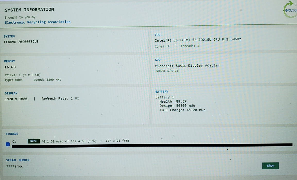 Lenovo ThinkPad T14 Gen 1 i5-10210U 16GB RAM 256GB SSD