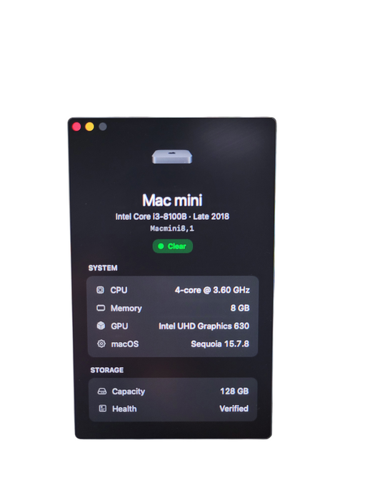 Apple Mac Mini 8,1 Late 2018 - Intel Core i3-8100B 8GB RAM 128GB SSD
