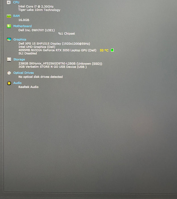 Dell XPS 15 9510 i7-11800H RTX 3050 4GB GPU 16GB 256SSD No Power Adapter READ!