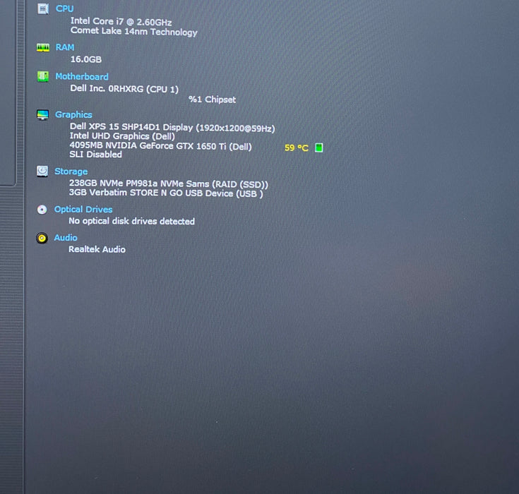 Dell XPS 15 9500 i7-10750H GTX 1650Ti 4GB GPU 16GB 256SSD No Power Adapter READ!