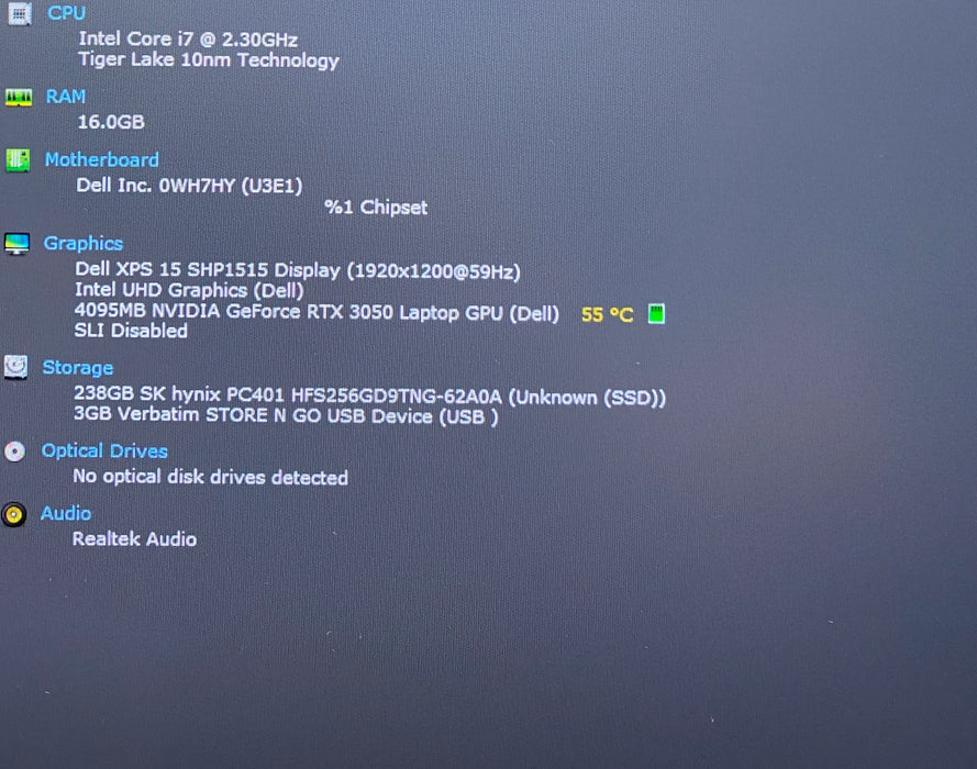Dell XPS 15 9510 i7-11800H RTX 3050 4GB GPU 16GB RAM 256GB SSD No Power Adapter