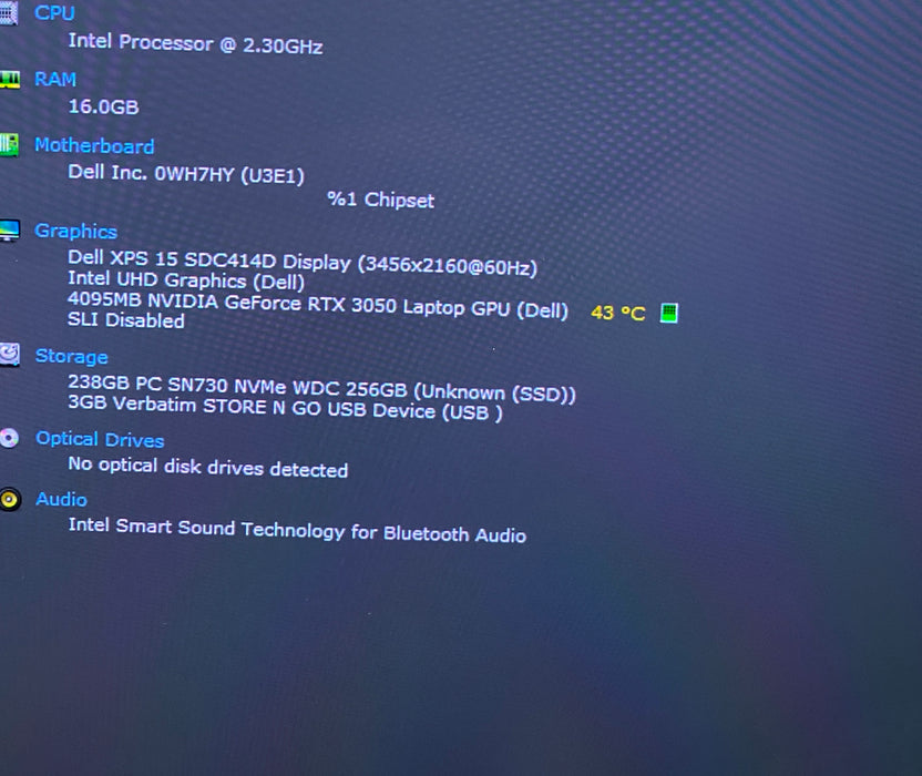 Dell XPS 15 9510 4K TOUCH i7-11800H RTX3050 4GB GPU 16GB 256SSD N0 Power Adapter