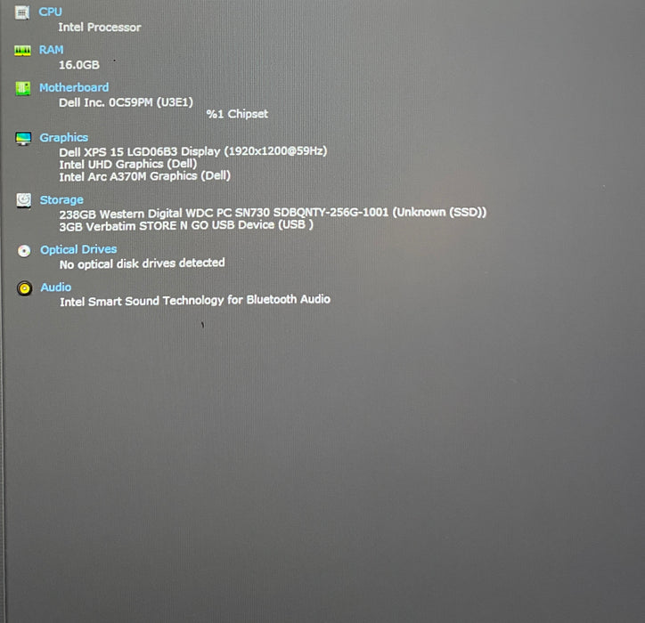 Dell XPS 15 9530 i7-13700H Intel ARC A370M 4GB GPU 16GB 256SSD No Power Adapter