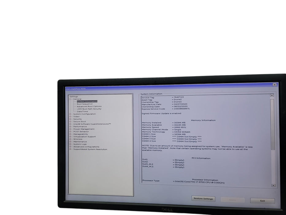 Dell Optiplex 7070 SFF i7 - 9700 @ 3.00GHz 16GB DDR4 Ram No HDD