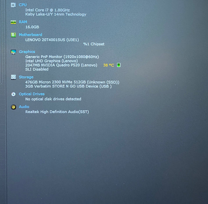 Lenovo ThinkPad P15s i7-10610U 1.80GHz QUADRO P520 2GB GPU 16GB RAM 256GB SSD