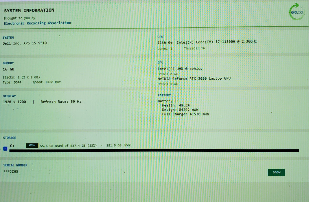 Dell XPS 15 9510 i7-11800H RTX 3050 4GB GPU 16GB 256SSD No Power Adapter READ