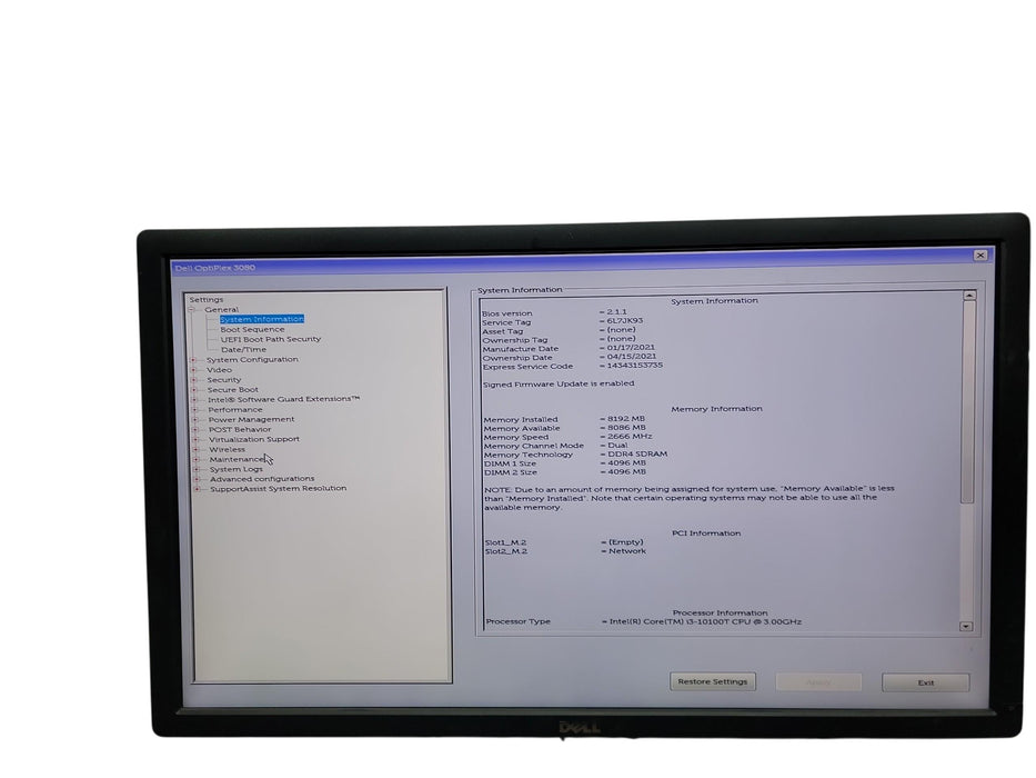 Dell Optiplex 3080 Micro i3 - 10100T @ 3.00GHz 8GB DDRR Ram No HDD