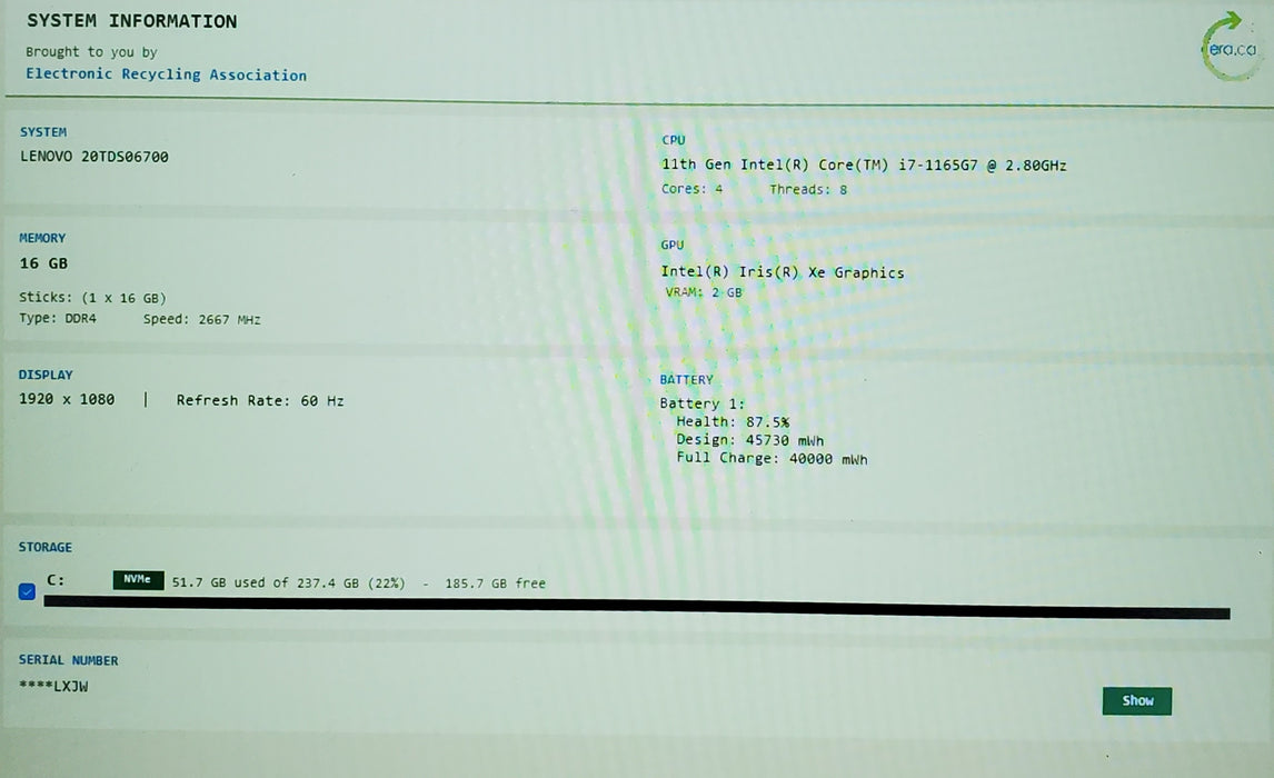 Lenovo ThinkPad E15 Gen 2 Intel Core i7-1165G7 2.40GHz 16GB RAM 256GB SSD READ