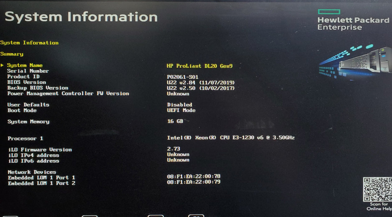 HPE ProLiant DL20 Gen9 - 1x Xeon E3-1230 v6, 16GB DDR4, B140i - No HDD