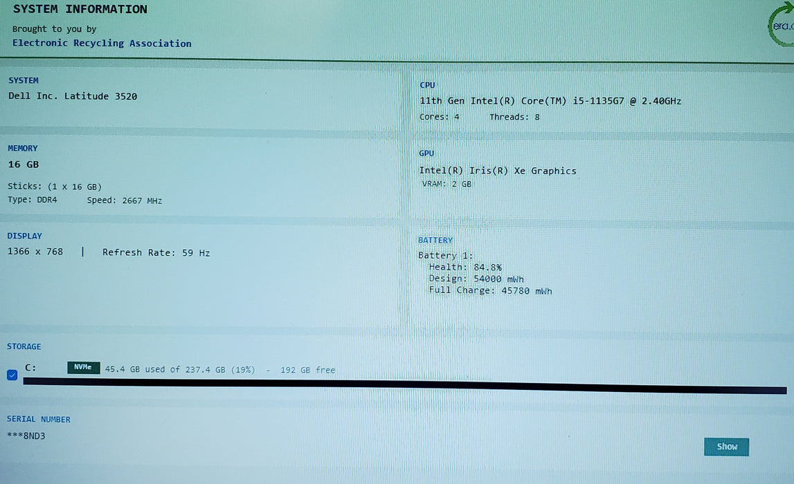 Dell Latitude 3520 i5-1135G7 16GB DDR4 256GB NVMe