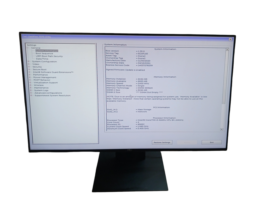Dell OptiPlex 7070 Ultra AiO Intel i5-8265U 8GB DDR4 256GB SSD Dell Ultra U2421H