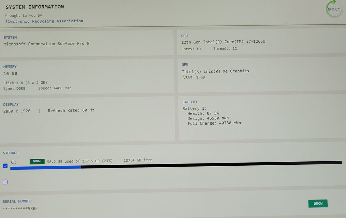 Microsoft Surface Pro 9 2038 i7-1265U 16GB DDR5 256GB NVMe No Type Cover
