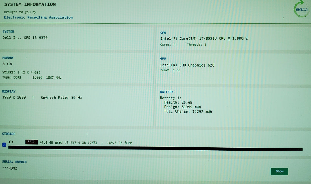 Dell XPS 13 9370 Core i7-8550U@1.8GHz 8GB RAM 256GB SSD