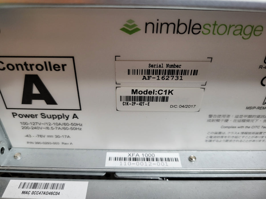 Nimble Storage C1K-2P-42T-E 4U 24-Bay Storage w/ 2x Controller and 2x PSU, READ