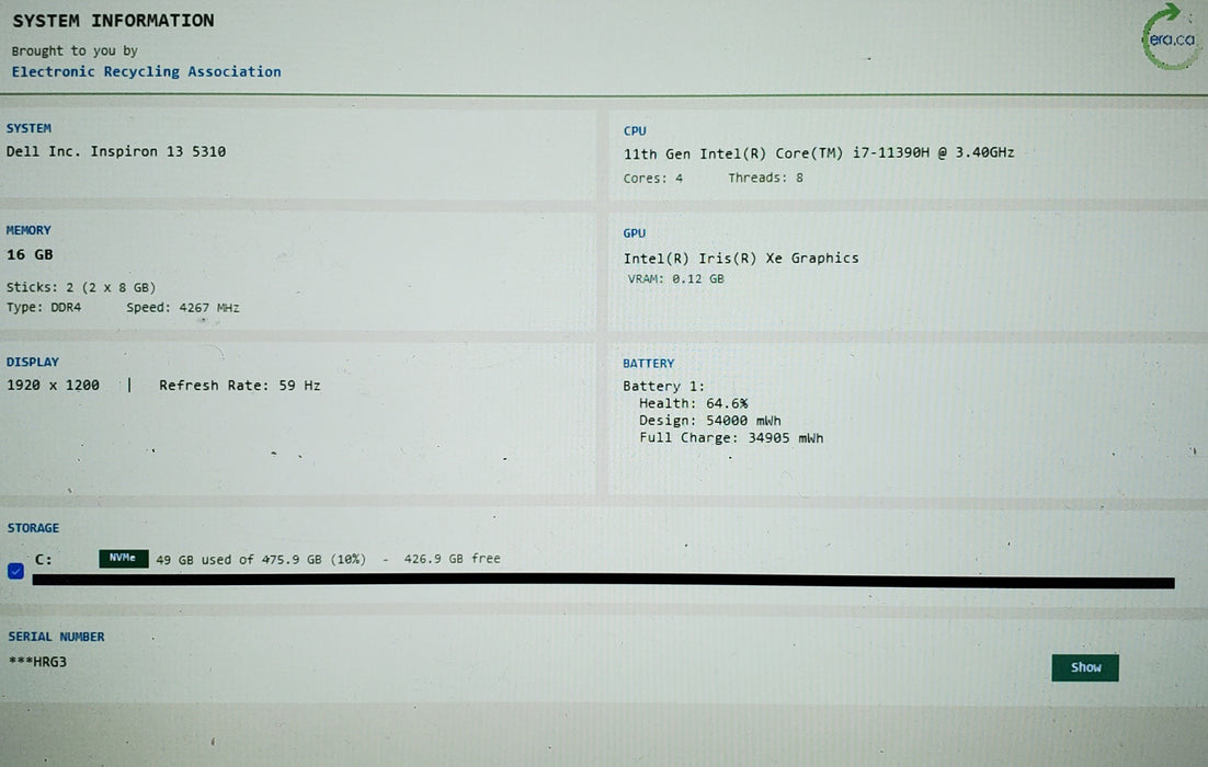 Dell Inspiron 13 5310 13" Core i7-11390H 3.4GHz 16GB RAM 512GB SSD READ