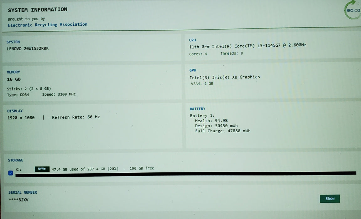 Lenovo ThinkPad T14 Gen 2 TOUCH Intel Core i5-1145G7 2.60GHz 16GB RAM 256GB SSD