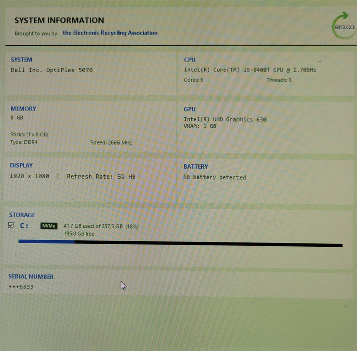 Dell OptiPlex 5070 Micro PC, Core I5-8400T 1.70GHz 8GB DDR4, 256GB M.2 SSD