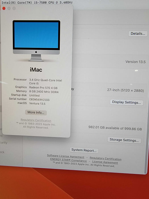 iMac 2017 Retina 5K 27\\" Quad-Core i5-7500 3.4GHz 8GB RAM 1TB HDD