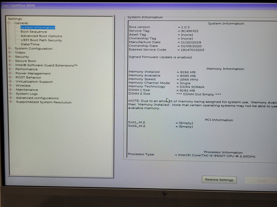 Dell OptiPlex 3070 Micro PC, Core I5-9500T 2.20GHz 8GB DDR4, 256GB M.2 SSD