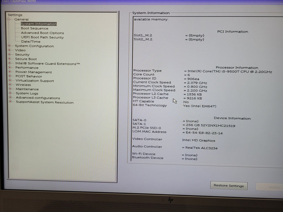 Dell OptiPlex 3070 Micro PC, Core I5-9500T 2.20GHz 8GB DDR4, 256GB M.2 SSD
