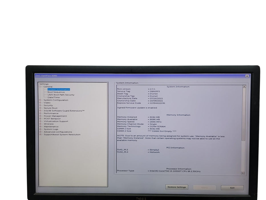 Dell Optiplex 3080 Micro i5 - 10500T @ 2.30GHz 8GB DDR4 Ram No HDD