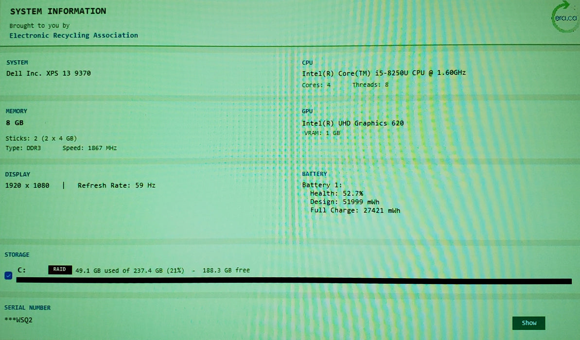 Dell XPS 13 9370 Core i7-8250U@1.6GHz 8GB RAM 256GB SSD