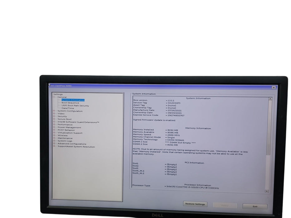 Dell Optiplex 3080 MT i3 - 10100 @ 3.60GHz 8GB DDR4 Ram No HDD