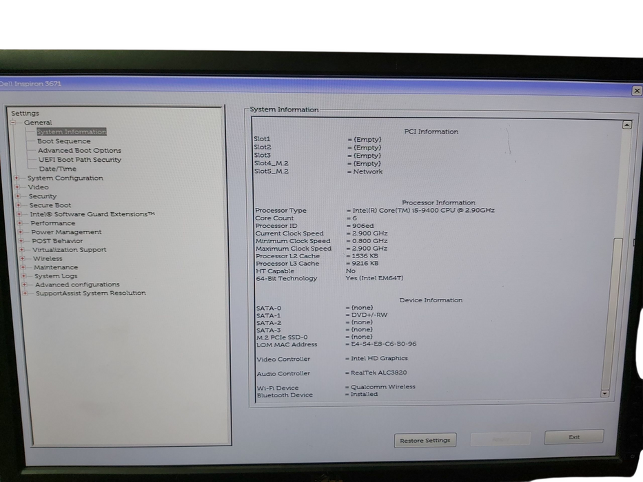 Dell Inspiron 3671 I5-9400 RAM 8GB NO HDD