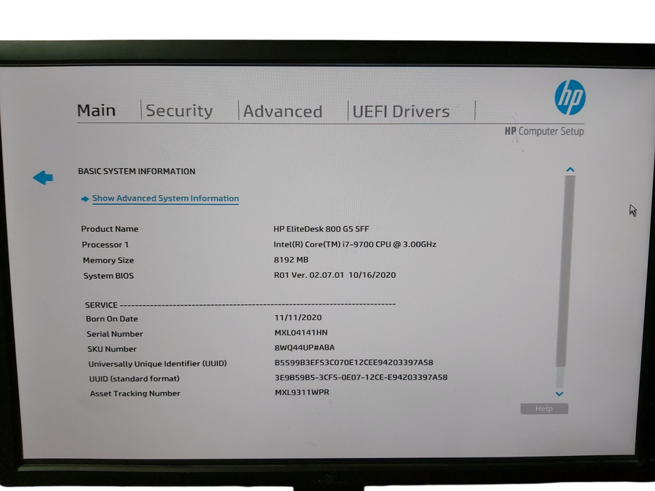 HP EliteDesk 800 G5 SFF I7-9700 RAM 8GB NO HDD