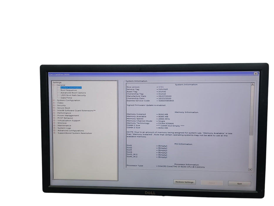 Dell Optiplex 3070 MT i3 - 9100 @ 3.60GHz 8GB DDR4 Ram No HDD