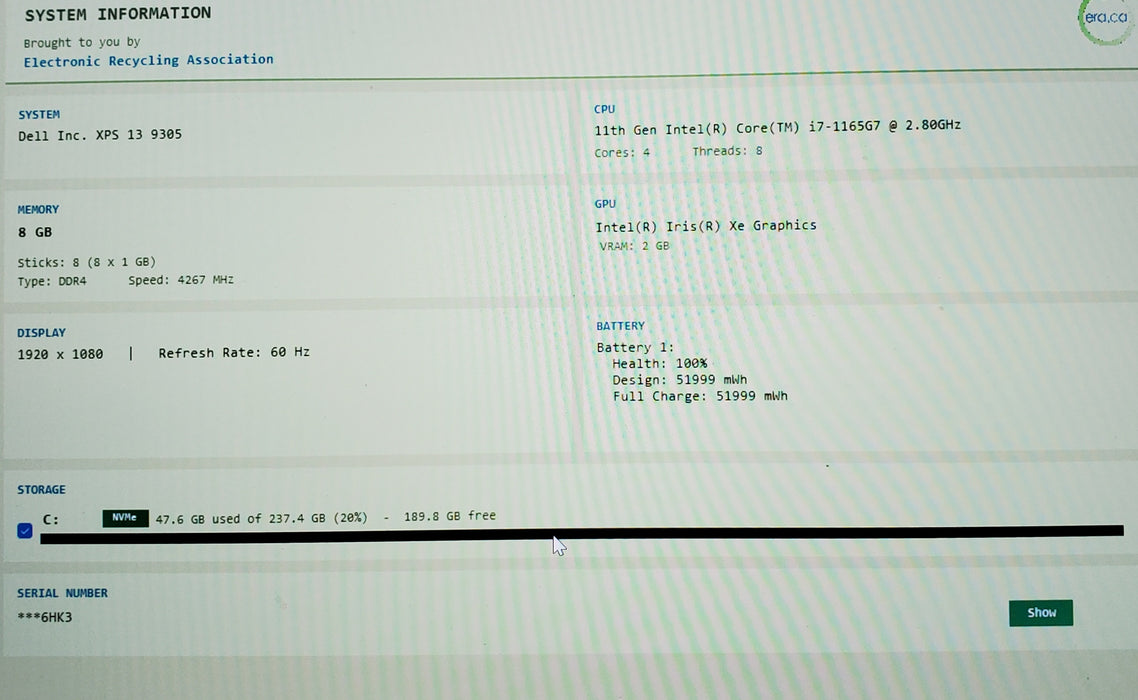 Dell XPS 13 9305 Core i7-1165G7 8GB RAM 256GB SSD