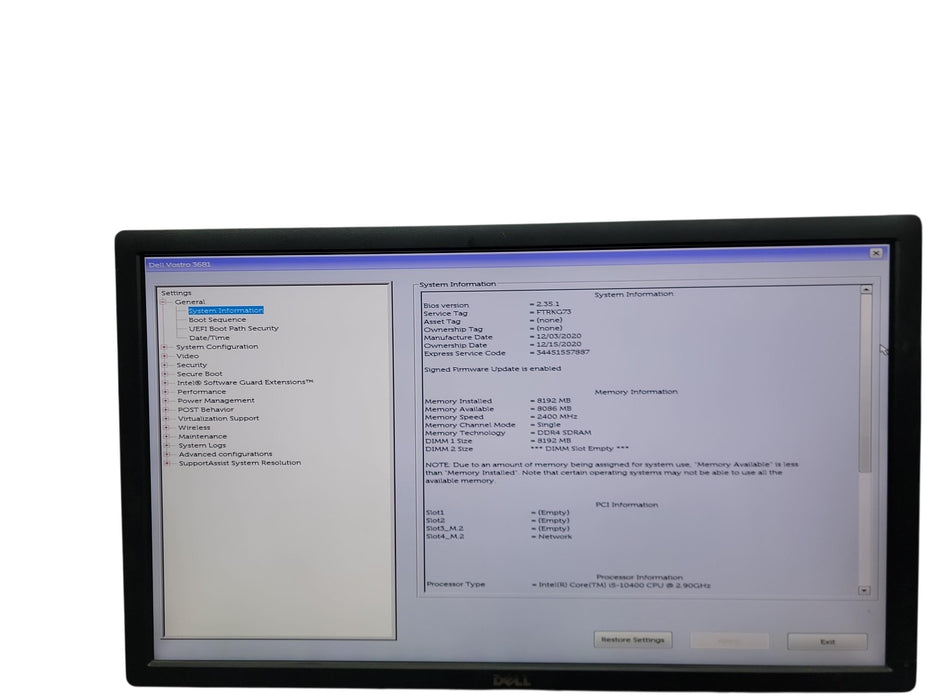 Dell Vostro 3681 SFF i5 - 10400 @ 2.90GHz 8GHz DDR4 Ram No HDD