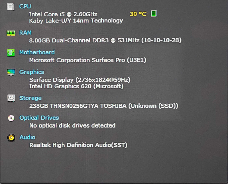 Microsoft Surface Pro (1796) - i5-7300U 2.60GHz, 8GB DDR3, 256GB SSD, No KB